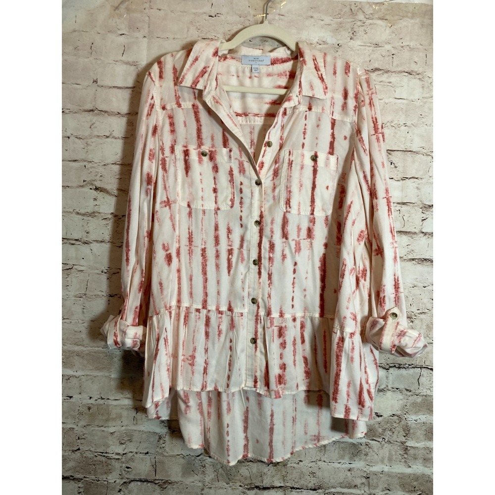New Directions Top XXL Pink & Cream Tie Dye‎ Striped Button Up Lyocell Hi Low